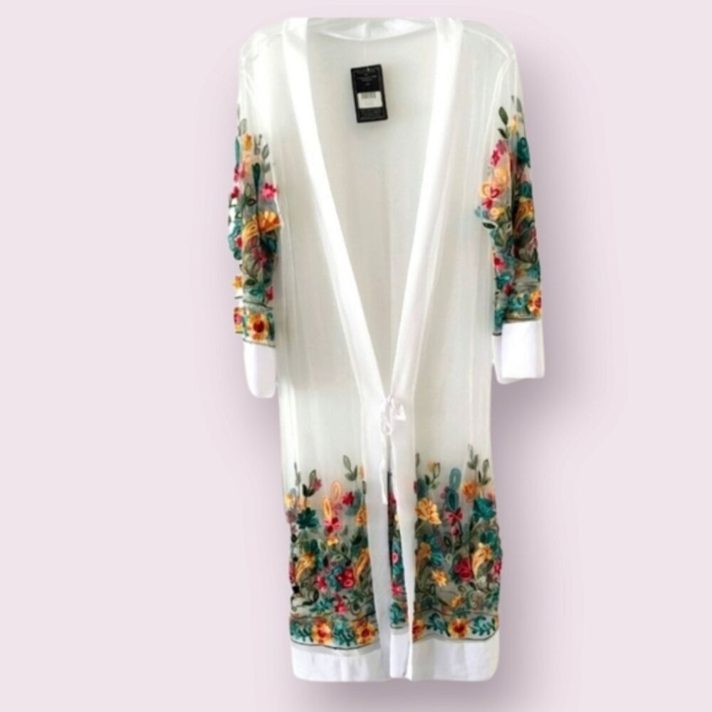TRIBE Sheer Embroidered Floral Chiffon Kimono White Size One Size